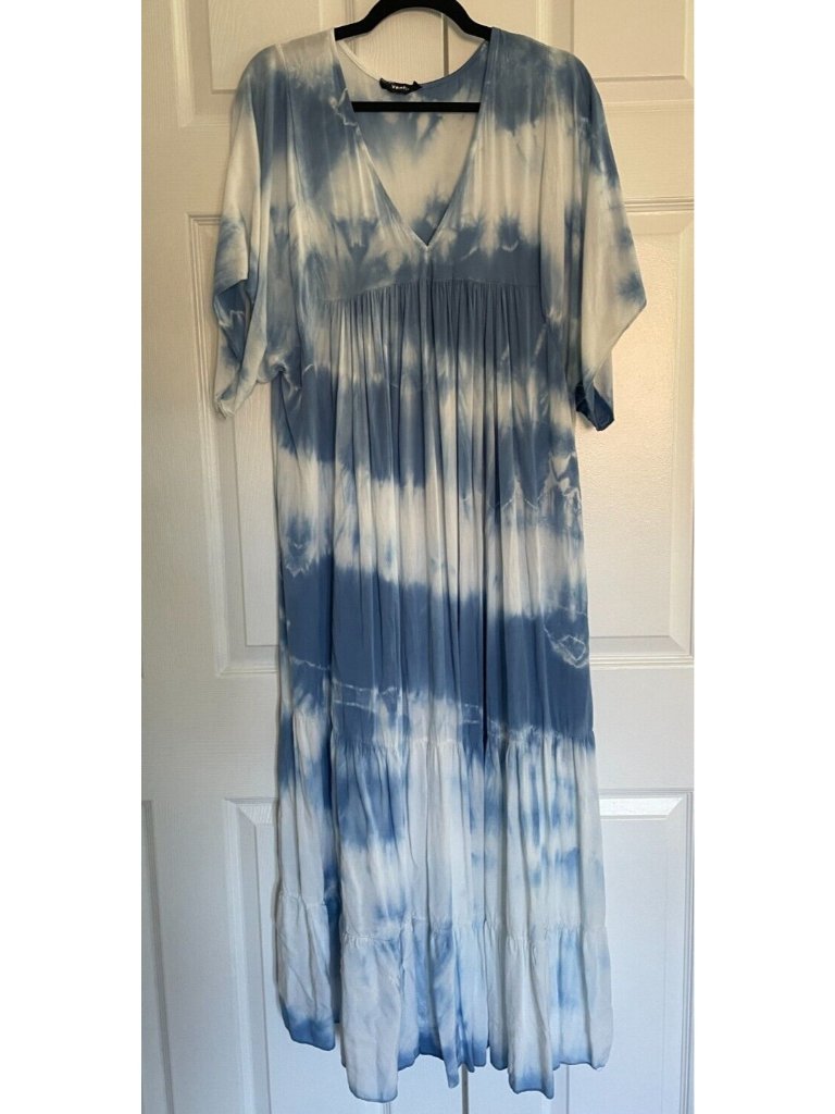 $78 Venti6 Casual Blue Tie Dye V-Neck Kaftan Dress For Beach, Travel-Size Small